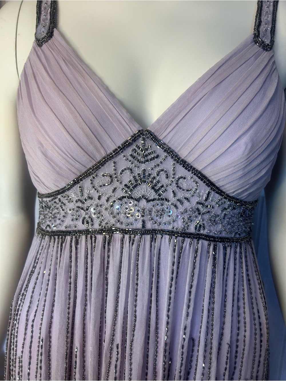 Strapless Lavender Beaded Empire-Waist Evening Dress